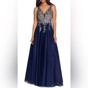 Embellished Embroidered Gown gold and navy 